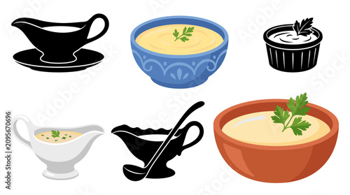 Collection of Veloute Sauce Vector Illustrations in Elegant Bowls, Gravy Boats and Sauce Dishes with Gourmet Garnishes, Isolated on White Background