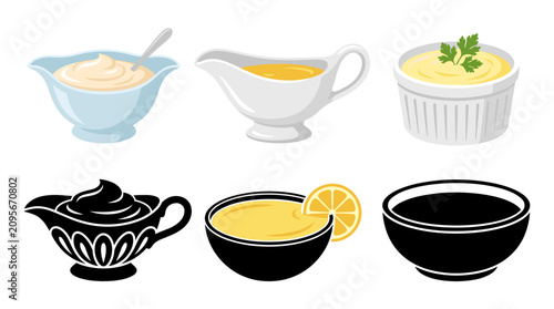Collection of Hollandaise Sauce Vector Illustrations in Elegant Bowls, Gravy Boats and Sauce Dishes with Gourmet Garnishes, Isolated on White Background