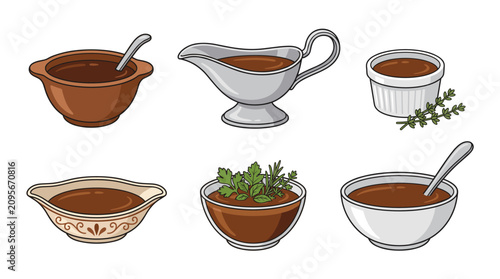 Collection of Espagnole Sauce Vector Illustrations in Elegant Bowls, Gravy Boats and Sauce Dishes with Gourmet Garnishes, Isolated on White Background