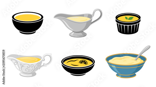 Collection of Hollandaise Sauce Vector Illustrations in Elegant Bowls, Gravy Boats and Sauce Dishes with Gourmet Garnishes, Isolated on White Background