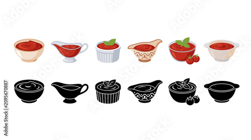 Collection of Tomato Sauce Vector Illustrations in Elegant Bowls, Gravy Boats and Sauce Dishes with Gourmet Garnishes, Isolated on White Background