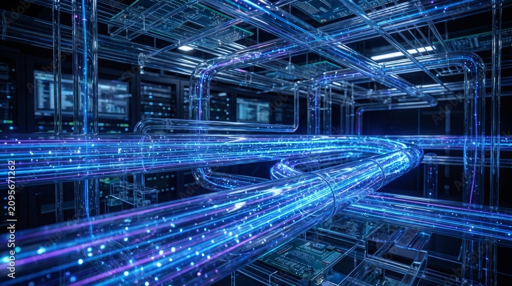 Fototapeta premium Abstract blue fiber optic data stream flowing through futuristic communication network, glowing particles, ultra detailed.