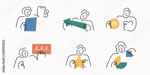 Cartoon Doodle line character set with people holding documents, arrow, coin, star and pie chart, illustrating business communication concepts.