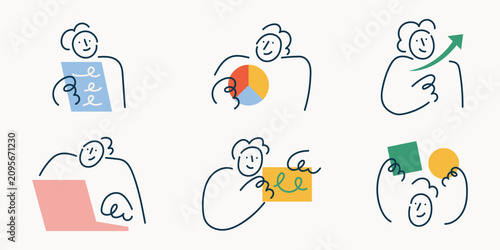 Cartoon Doodle line character set with people holding documents, pie chart, laptop and growth arrow, illustrating business and data concepts.