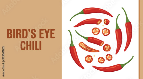 A vibrant arrangement of bird's eye chili peppers and slices on a table