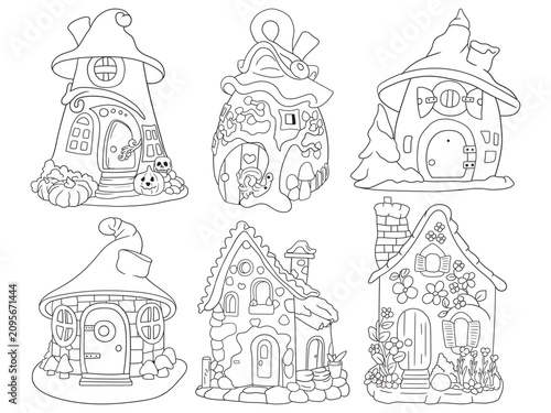 Set of fairytale fantasy house illustrations. Cute magic witch cottage and spooky Halloween house doodles, perfect for coloring book pages for kids and adults.