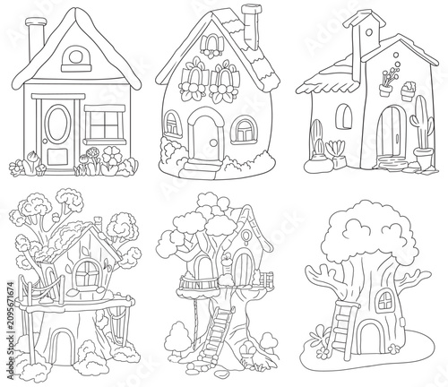 Set of cute cartoon fairytale houses and treehouses illustration. Cozy fantasy dwellings and structures doodle, perfect for children and adult coloring book pages.