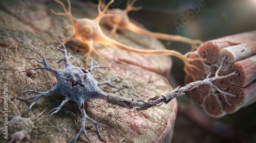 Spinal muscular atrophy: wasting soma, motor pathology, tissue bundle, axon degeneration, neuromuscular disease, nerve loss, genetic disorder, SMA condition, physical weakness.