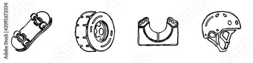 Fotografía A set of four distinct line drawings featuring a skateboard, a wheel, a ramp sec