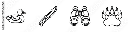 A collection of hand-drawn icons representing elements of outdoor activities and wildlife observation, including a duck, knife, binoculars, and animal paw print