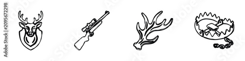 Fotografie A collection of four distinct line art icons representing elements of hunting, i
