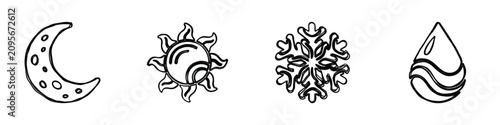 Fényképezés A collection of stylized, hand-drawn icons depicting the moon, sun, snowflake, a