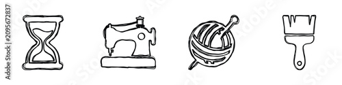 Fényképezés A collection of hand-drawn style icons including an hourglass, sewing machine, y