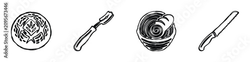 Fotografie A set of four hand-drawn illustrations depicting baking tools and food items, in