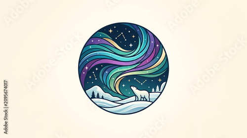 Φωτογραφία Wolf Under Colorful Northern Lights Sky.