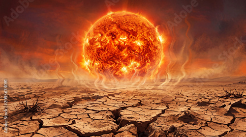 Dramatic conceptual view of a massive fiery sun burning over a dry cracked desert landscape during a global climate apocalypse