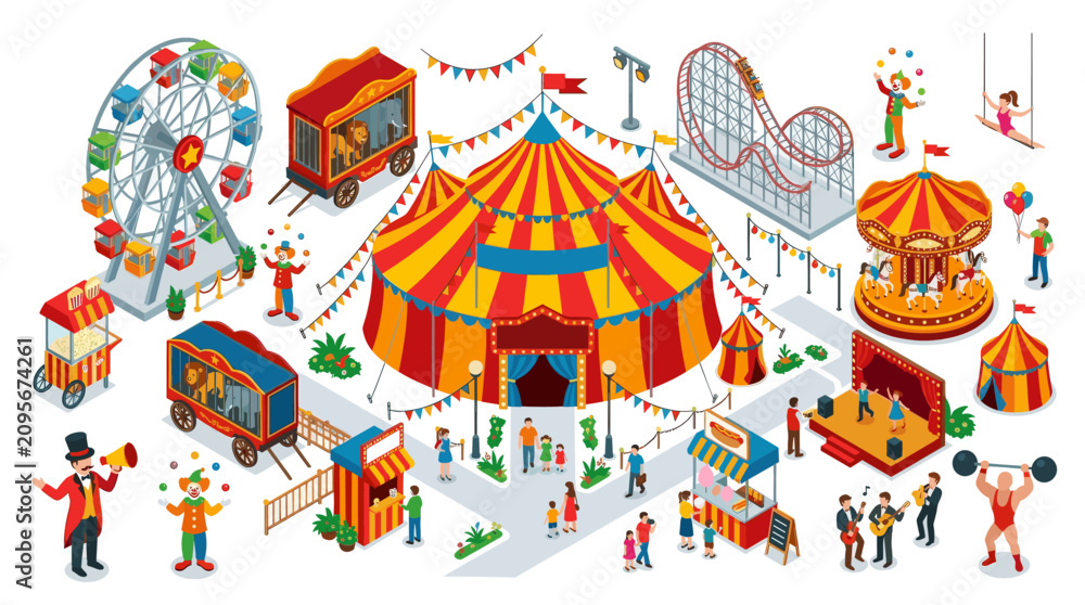 Fototapeta premium Colorful Circus Festival Scene in Isometric Vector Style