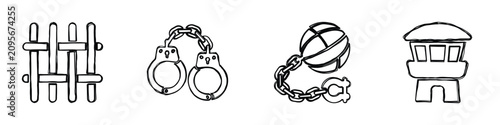 Tableau sur toile Collection of simple line art icons depicting a fence, handcuffs, a ball and cha