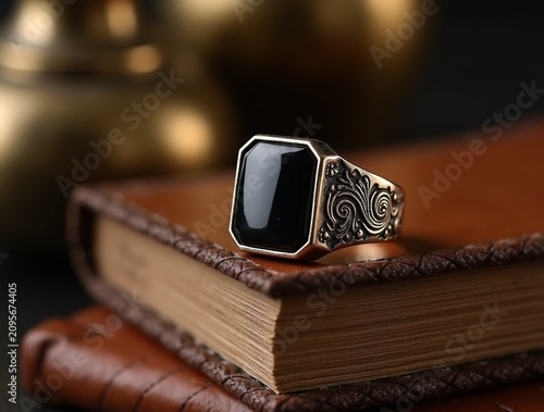 A men's signet ring with an engraved onyx stone rests on a stack of vintage leather-bound journals. Warm side lighting emphasizes the metal engraving, stone depth, and leather patina. Background featu