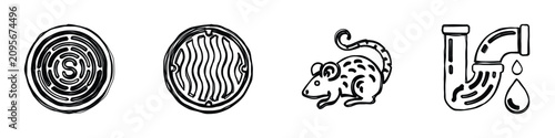 Foto This collection of line art icons depicts manhole covers, a rodent, and a leaky