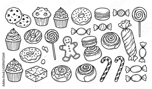 Bilde på lerret Hand Drawn Sweets Outline Vector Set with Cookies Muffins Cupcakes and Candy Ske