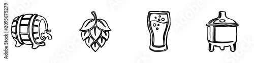 Foto Collection of hand-drawn icons featuring a beer barrel, hop cone, pint glass, an