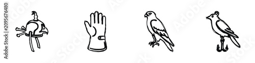 Canvastavla A collection of simple line drawings representing falconry tools and birds, incl
