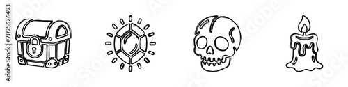 Canvastavla A set of four distinct, stylized line art icons representing adventure and myste