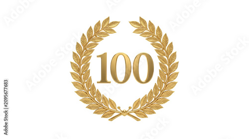Golden 100 number with laurel wreath isolated on transparent background
