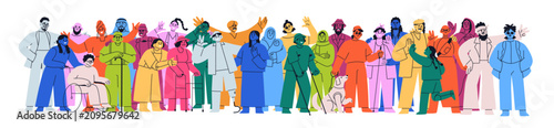 Diverse multinational people crowd. Inclusive multicultural society, different men, women, kids group. Community, diversity and inclusion. Flat vector illustration isolated on white background