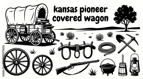 Foto historic pioneer wagon collection featuring covered wagons wooden wheels supply