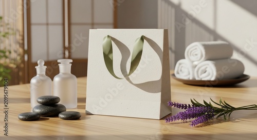 Blank paper gift bag for spa branding mockup on a wooden table with lavender