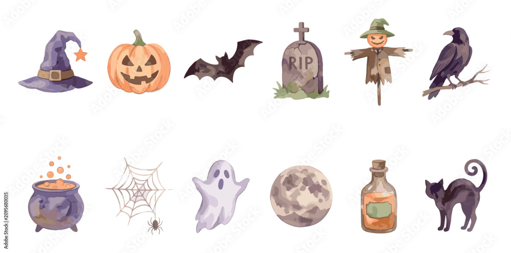 Obraz premium Collection of various Halloween-themed cartoon illustrations including a witch hat, jack-o'-lantern, bat, and ghost on a white background