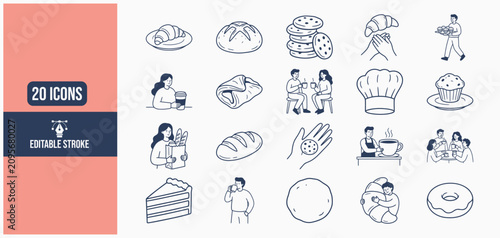 Schilderij op canvas Hand drawn bakery icons with people enjoying baked goods during a casual meal is