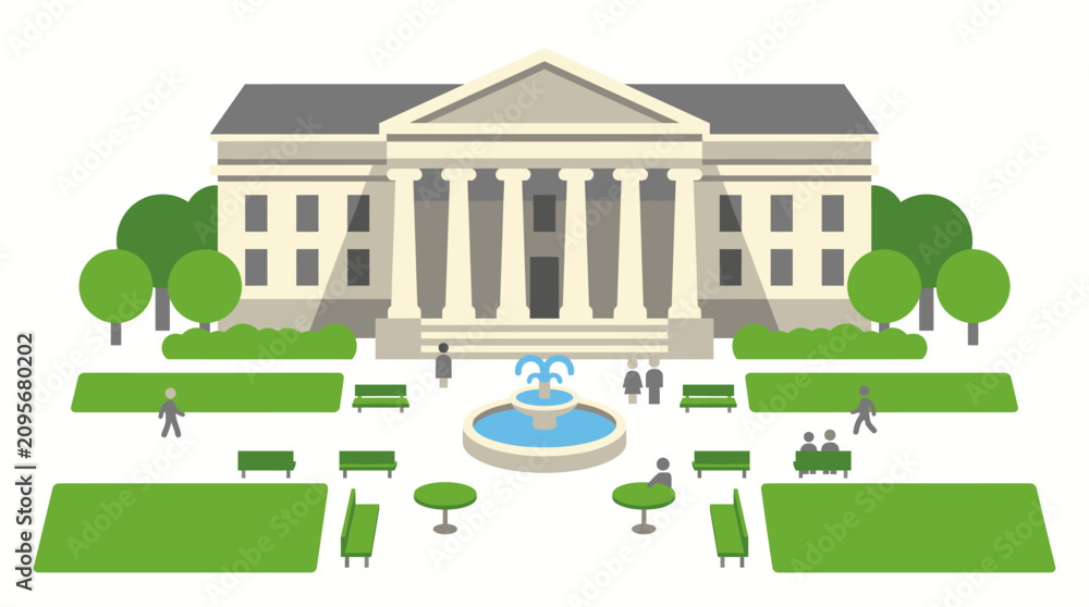 Obraz premium People walk through a landscaped park area in front of a grand government building with a fountain.