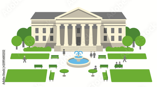 People walk through a landscaped park area in front of a grand government building with a fountain.