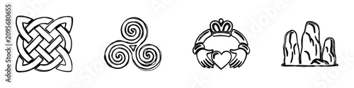 Foto A compilation of distinct cultural emblems including a Celtic knot, a triskele,