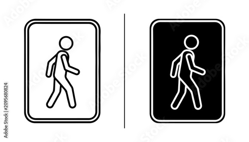 Fotografía Pedestrian Crossing Sign: A clear and simple graphic representation of a pedestrian crossing sign, depicted in both white on black and black on white, indicating safe passage for walkers