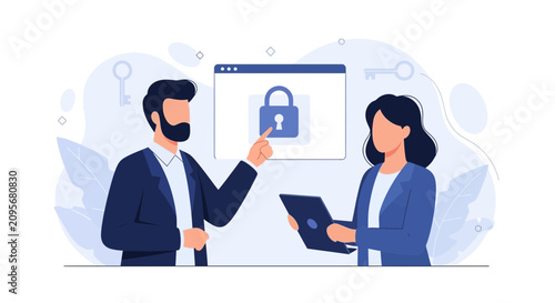 Business People Secure Digital Information and Data Protection Concept, Cybersecurity and Privacy Illustration