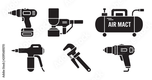 Tableau sur toile Professional power tools silhouettes for construction and renovation projects including drills and sprayer