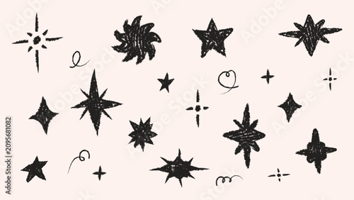 Vector set of black hand drawn chalk sparkles and stars on light background. Monochrome texture doodle elements including shine blink glow bursts hearts and swirls isolated for magic night sky party d