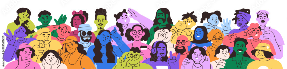 Fototapeta premium Diverse people banner. Multicolored abstract crowd. Different colorful men and women community together. Multicultural society, group, population. Flat vector illustration isolated on white background