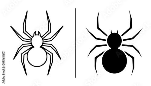 Bild auf Leinwand Spider Icon: A minimalist depiction of a spider, presented in both outline and silhouette forms, ideal for graphic design and branding elements