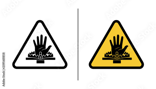 Schilderij op canvas Warning Signs: Two hazard warning symbols, one in a black and white triangle and another in a yellow triangle, depict a hand caught in a mechanical trap, signifying danger and caution