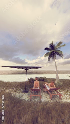 Vertical Realistic Sunny Tropical Beach with Relaxing Women Loop. Two female tourists resting on deck chairs under a sunshade during a bright day with scattered clouds. Real-look 9:16 video loop