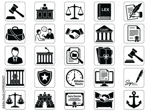 Law and Justice Icons Set: Gavel, Scales, Court, Document, Handshake, Shield, Anchor