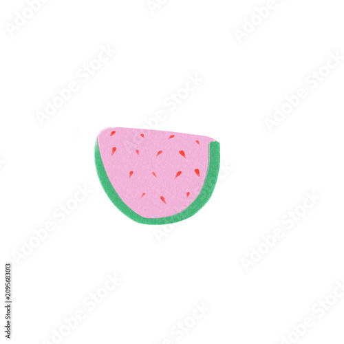 Cute watermelon slice illustration with pink flesh, red seeds and green rind in a playful style.