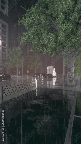 Vertical Rainy Night City Sidewalk, 3D Animation of Rain Puddles. Raindrops splash into glowing puddles on the completely soaked asphalt road.