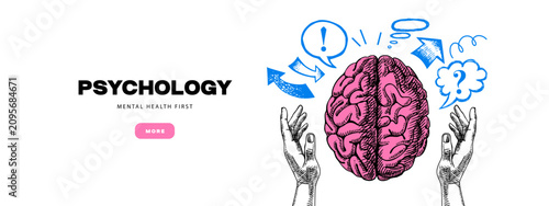 Sketch hands with brain. Human mind care, therapy, mental health, psychology, neuroscience, clinic, psychotherapy collage concept. Hand drawn isolated vector illustration.