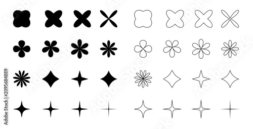 sparkle and star icon set. retro sparkle and starburst icon collection in line and silhouette vector style